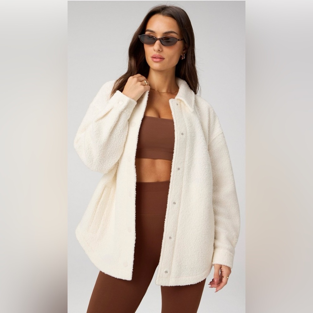Fabletics Ivory Boucle Button Up Shirt Jacket, Large, Oversized, Warm, NWT